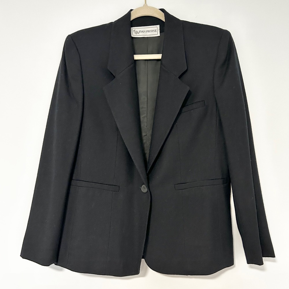 Evan-Picone Vintage Black Worsted Wool Single Button Blazer Made in USA Size 6